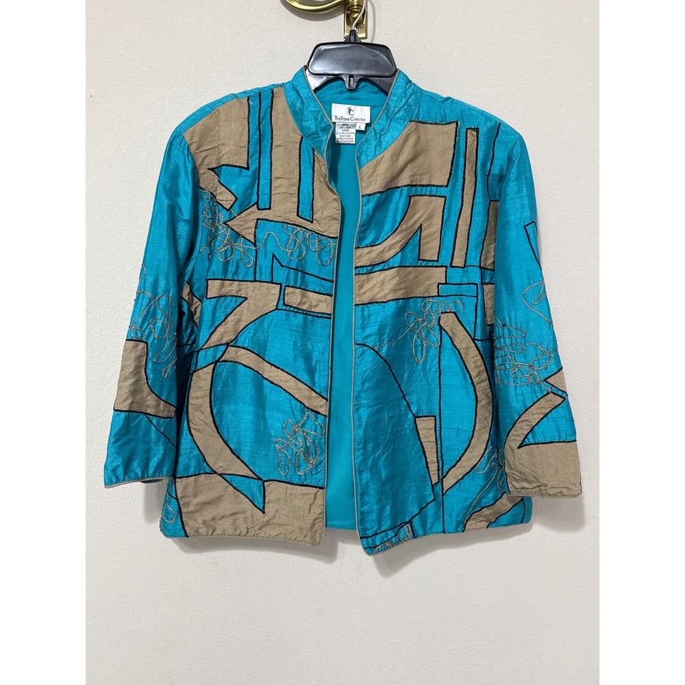 Vintage 100% Silk Jacket Womens Large Turquoise Tan Abstract Art to Wear
